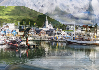 Photo composition of Icelandic seascape and mineral macrophotograph