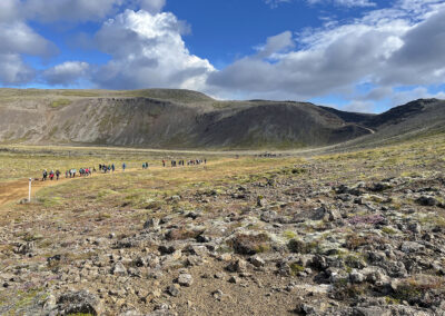 Visitors follow a path to the volcanic field at Reykjanes, Iceland