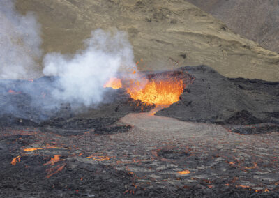Lava erupts from a caldera in Iceland