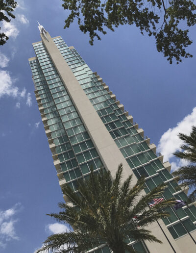 Green glass windows in the Hyatt Regency hotel in Orlando