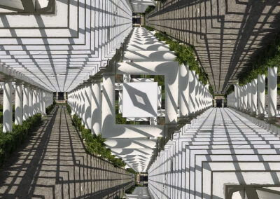 Photo composition of geometric passageway with striking shadows