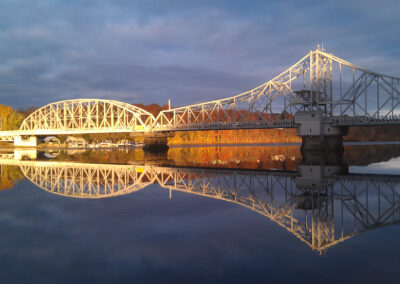 Fall sunlight illuminates the Swing Bridge in East Haddam, Connecticut