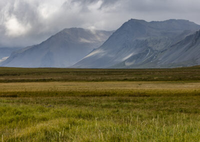 Mountains overlook a field in Iceland