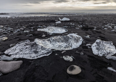 Sculptural ice on a black beach in Iceland
