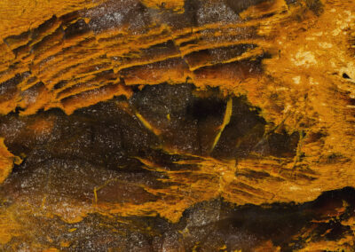 Orange mineral highlights over a dark rust background