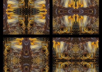 A series of four reflective patterns in black, blue, yellow and orange