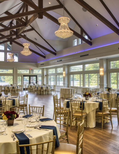 Interior shot of a large, well-lit banquet space