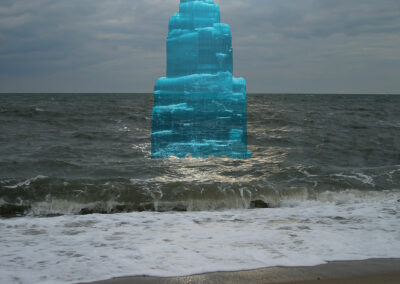 Photo composition of seascape with blue crystalline tower