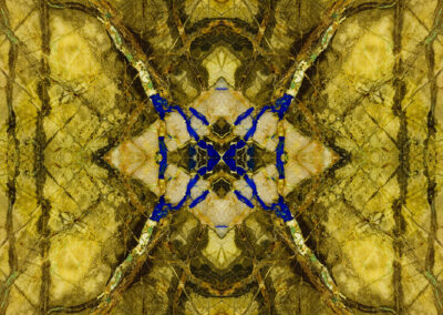 Lacy lapis tendrils work their way through a complex yellow background