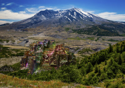 Photo composition of mountain landscape with multicolored crystalline structure