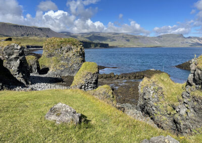 Moss-covered rocks on the coastline at Arnastapi, Iceland