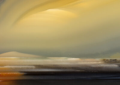 A landscape-like scene is surmounted by a cloudy sky in yellow-green