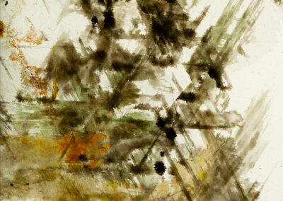 Impressionistic dark triangular patterns in white stone with rust and green highlights