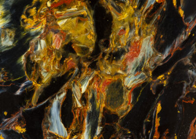 A swirling pattern in black, yellow, orange and blue resembles a galloping horse