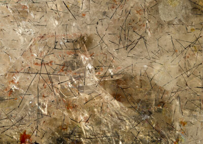 Black strands form a complex pattern within a white crystal background