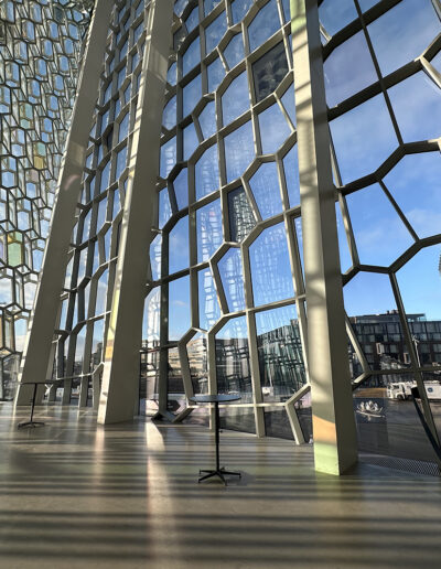 Cell-like glass windows in the Harpa concert hall in Iceland