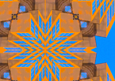 Photo composition of an urban tower tinted blue and orange and formed into a quiltlike structure