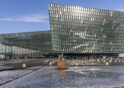 An exterior view of the Harpa Concert Hall