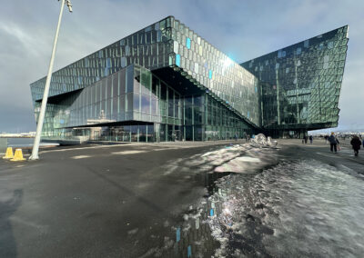 An exterior view of the Harpa Concert Hall