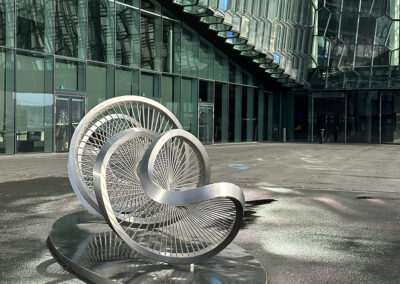 A curving spoked metal sculpture at the Harpa Concert Hall