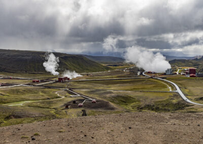 Geothermal plants in a valley in Iceland