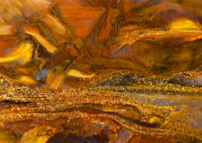 Yellow and orange nodules stream amid a flowing orange and rust background