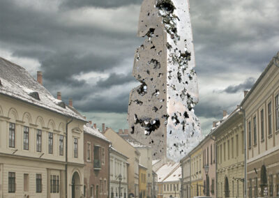 Photo composition of a pitted concrete tower looming over a European street with menacing clouds