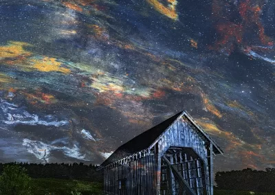 Photo composition of landscape with covered bridge and crystalline mineral
