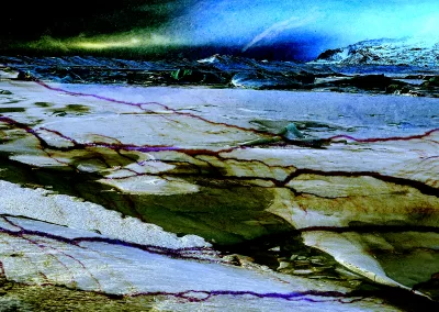 A dreamy blue-tinted landscape