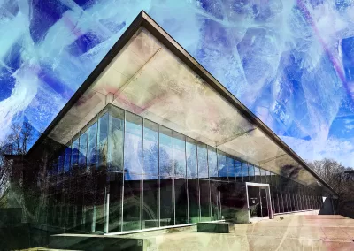 The corner of a building with a textured sky above