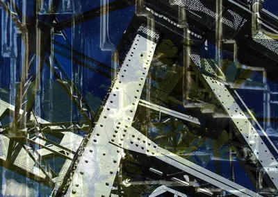 Riveted iron girders with a cubic crystal overlaid