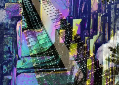 A skyscraper overlaid with a cubic mineral structure