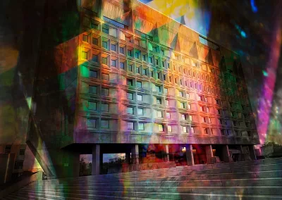 A brutalist building overlaid by a luminous crystal texture