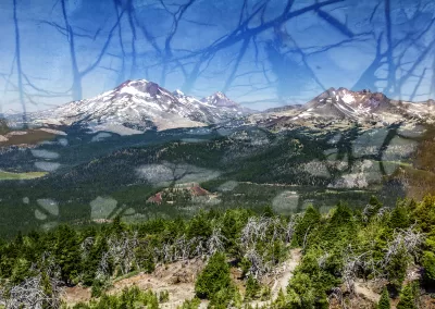 A mountain range overlaid with dendritic mineral textures