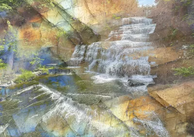 A step waterfall overlaid with a prismatic crystal texture
