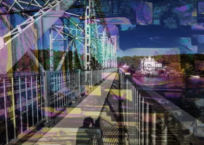 A photo montage of the East Haddam Swing Bridge with a crystalline mineral background