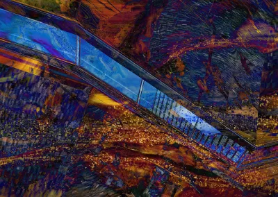 A blue architectural structure intrudes on a dark orange-mottled background