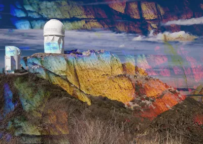 Crystalline features merge with a photo of an observatory-like structure