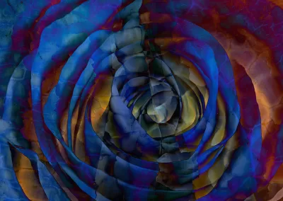 A spiral blue flowerlike pattern appears on a black background