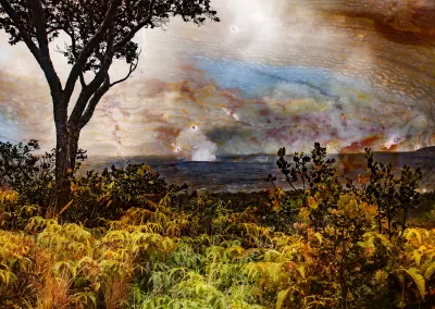 A seascape appears before a cloudlike mineral background