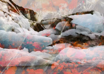 An icy landscape is shot with red mineral patterns