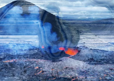 A landscape with lava flow is combined with a blue mineral background