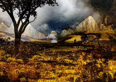 A landscape is combined with mountainlike mineral formations to form an otherworldly landscape
