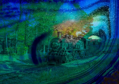 An old steam train appears to emerge from a blue and green pyschedelic passageway