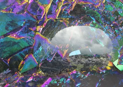A passagelike entrance with an iridescent background
