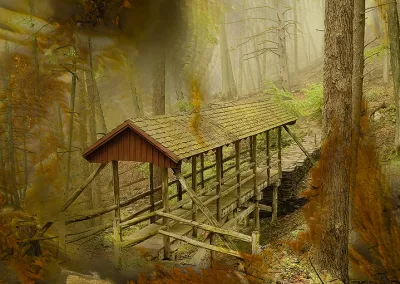 A covered bridge with a fantasy background