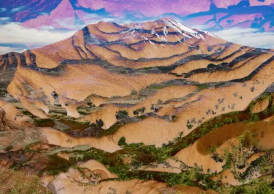 A mountain landscape combines with a mineral texture