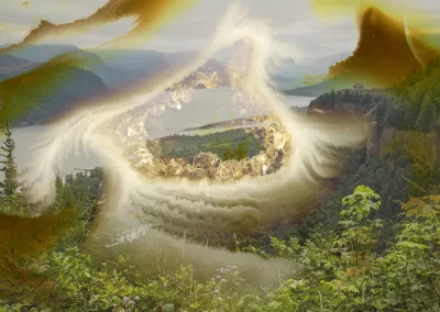 A crystal aperture overlays a forested landscape