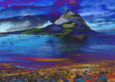 A rugged coastline is overlaid by strong blues and purples