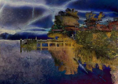 A dockside view is overlaid with a lightning-like mineral texture